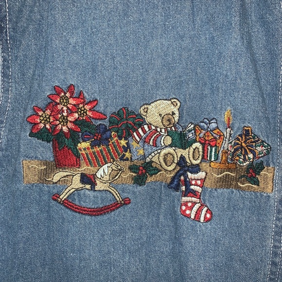 Bobbie Brooks 1990s Women’s Christmas Denim Collared Embroidered Button Up Large - Picture 5 of 16